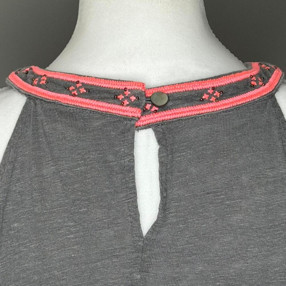 Sundance Gray Linen Embroidered Tank Top Neon Coral Boho Festival Tunic - Picture 7 of 7